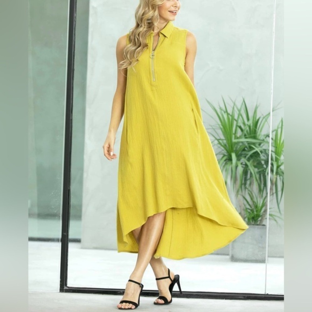 Chartreuse Gauze Cotton Lagenlook Tent Tank Dress Resortwear Coastal Summer Sm